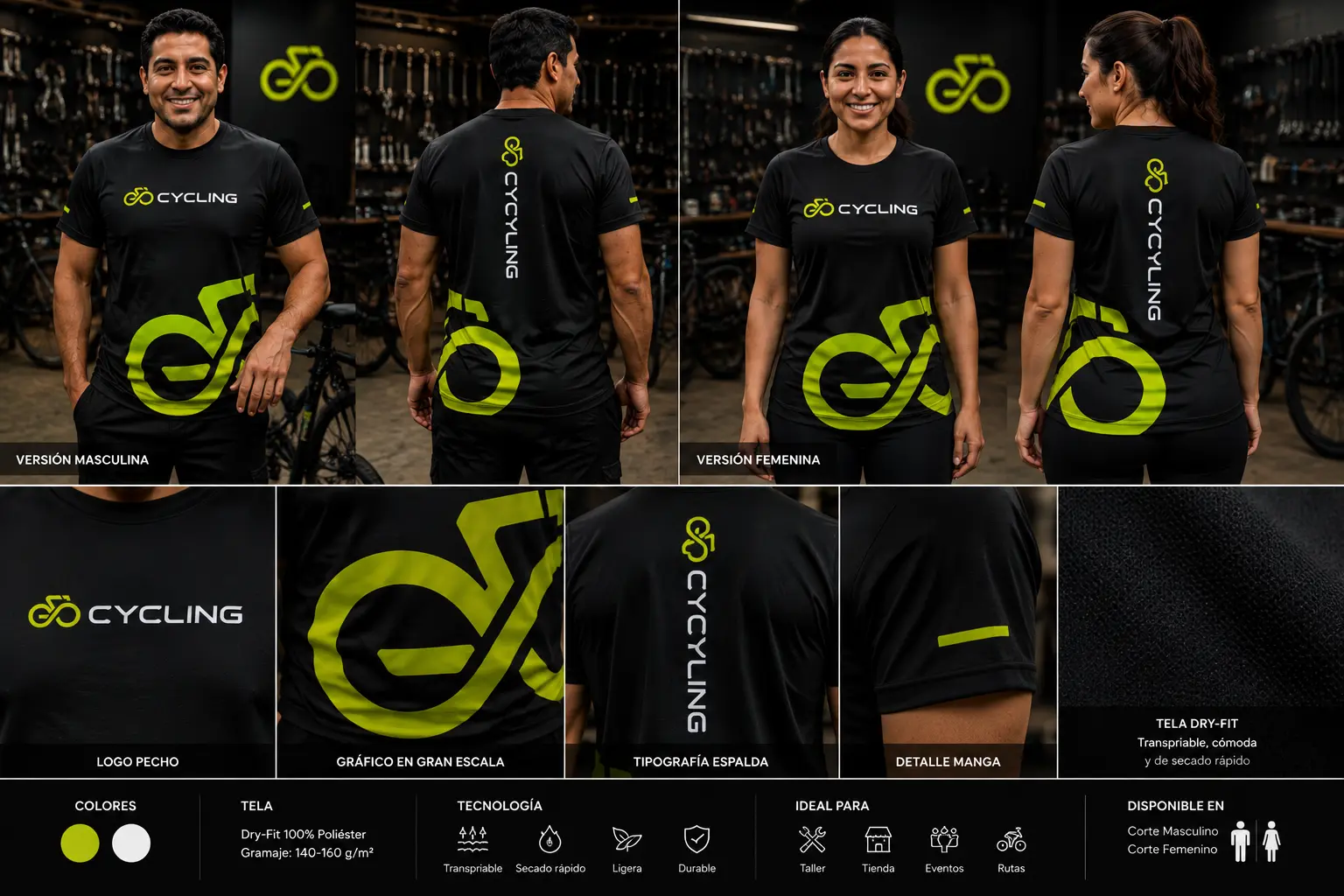 Uniforme corporativo Go Cycling en versión masculina y femenina con detalles de tela