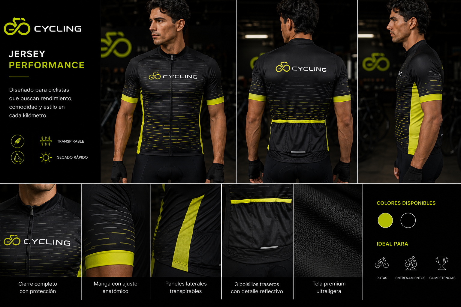 Jersey Go Cycling con patrón de líneas y paneles laterales lima
