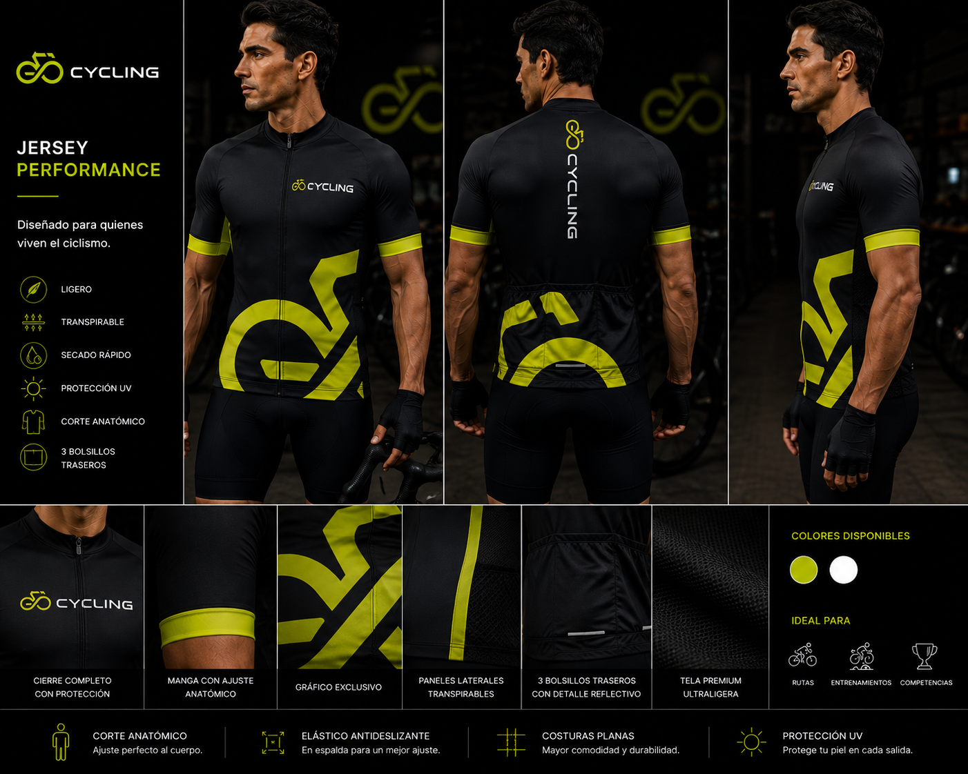 Jersey performance Go Cycling en vistas frontal, trasera y lateral