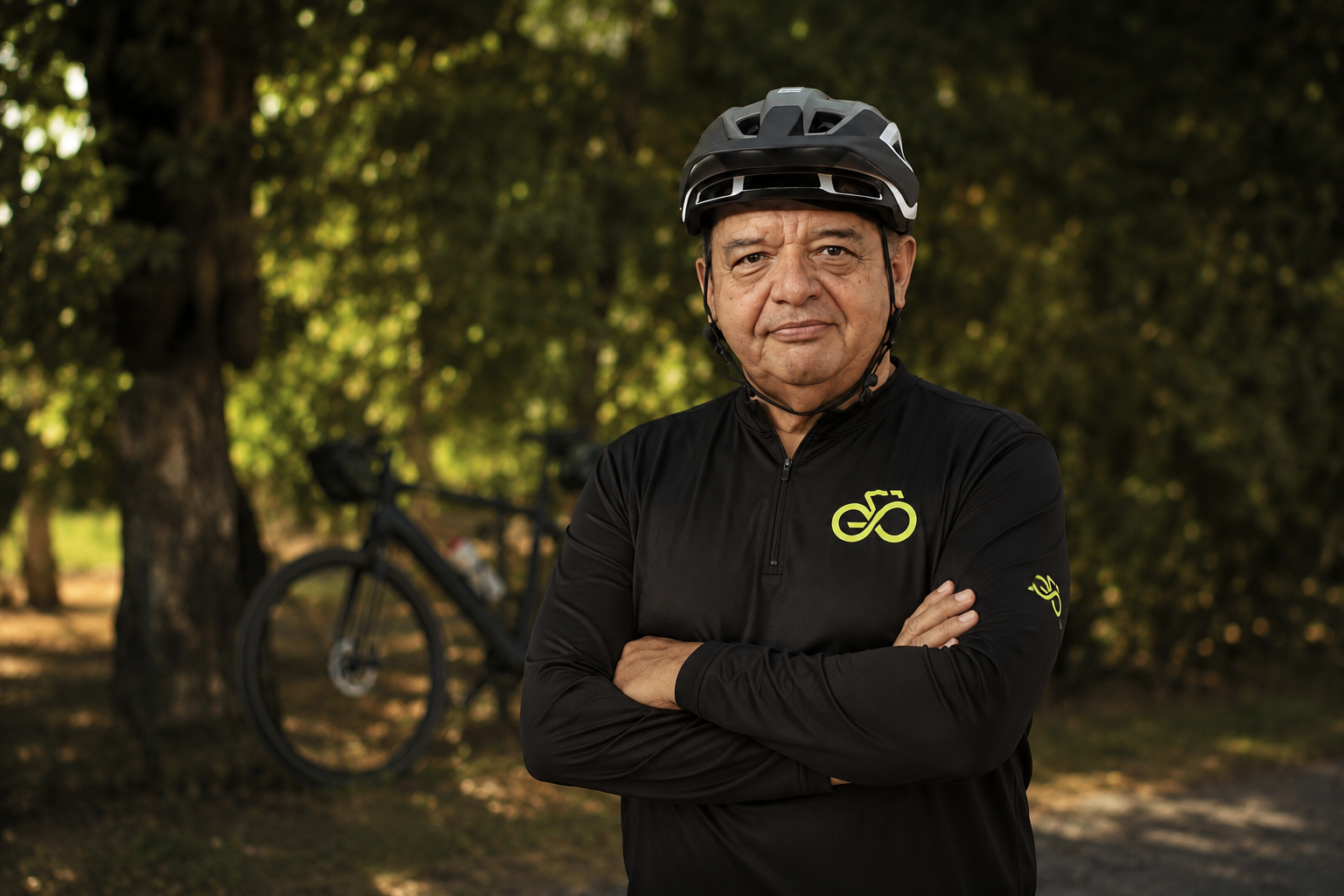 Luis Cuevas, fundador de Go Cycling, con jersey de la marca y bicicleta al fondo