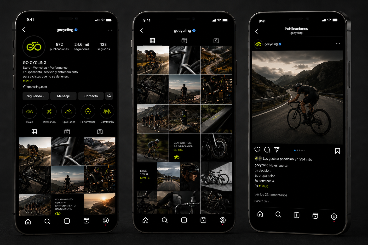 Perfil y feed de Instagram de Go Cycling en tres pantallas de móvil