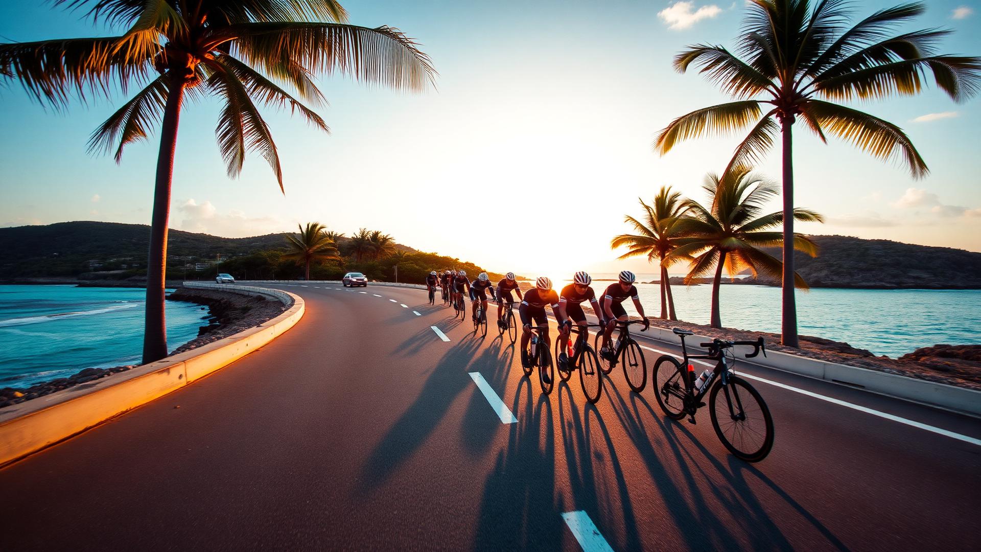 Ciclistas rodando por la costa de Cancún al amanecer